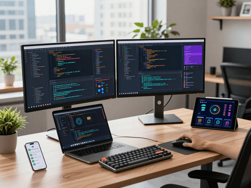 Developer using hot AI technologies in a modern workspace with coding tools and dual screens.