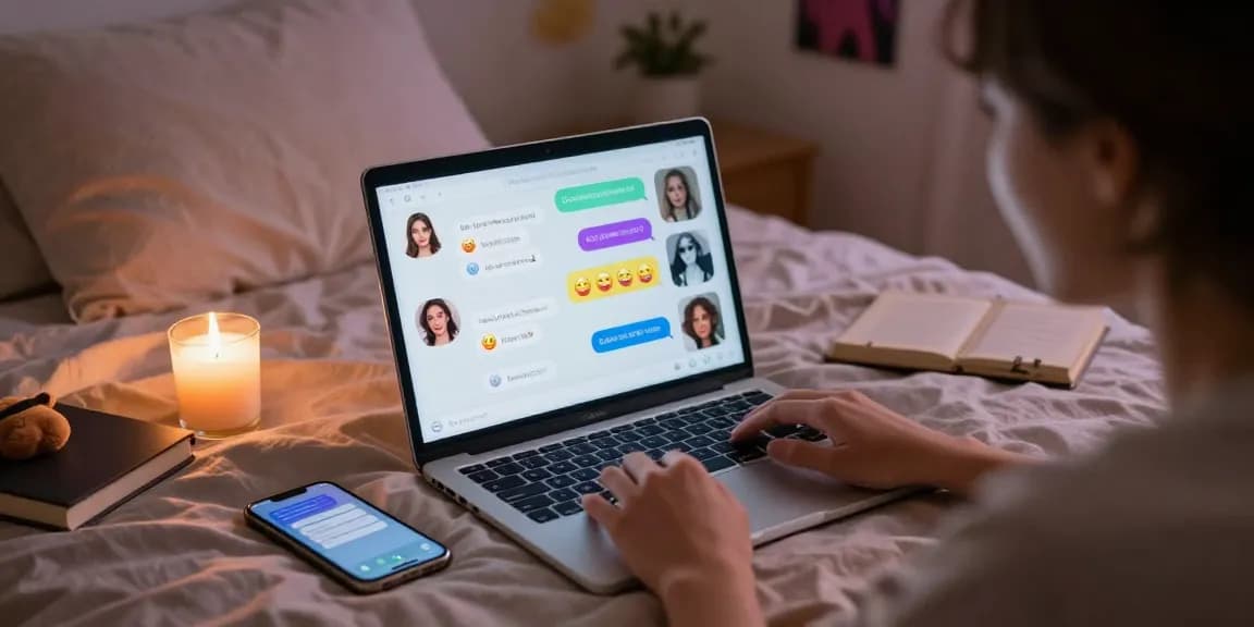 Engaging in sex chat ai inside a cozy bedroom, featuring a laptop, chat bubbles, and a warm atmosphere.