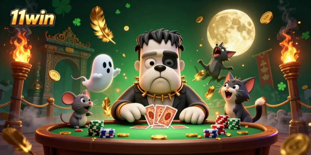 Experience thrilling card games at 11win with the playful Frankenstein bulldog and ghostly mouse.