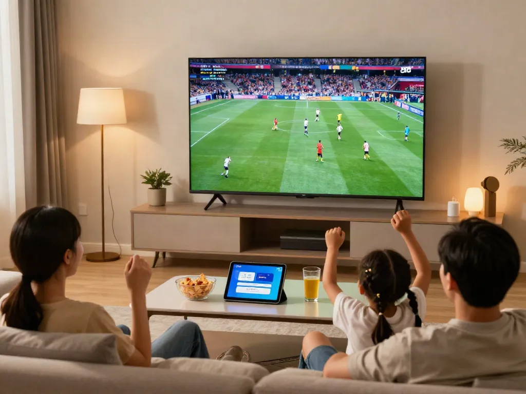 Family enjoying IPTV with live sports in a cozy modern living room.