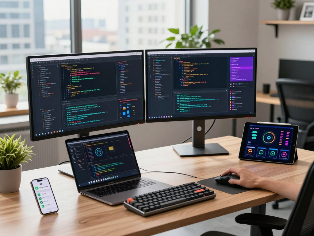 Developer using hot AI technologies in a modern workspace with coding tools and dual screens.
