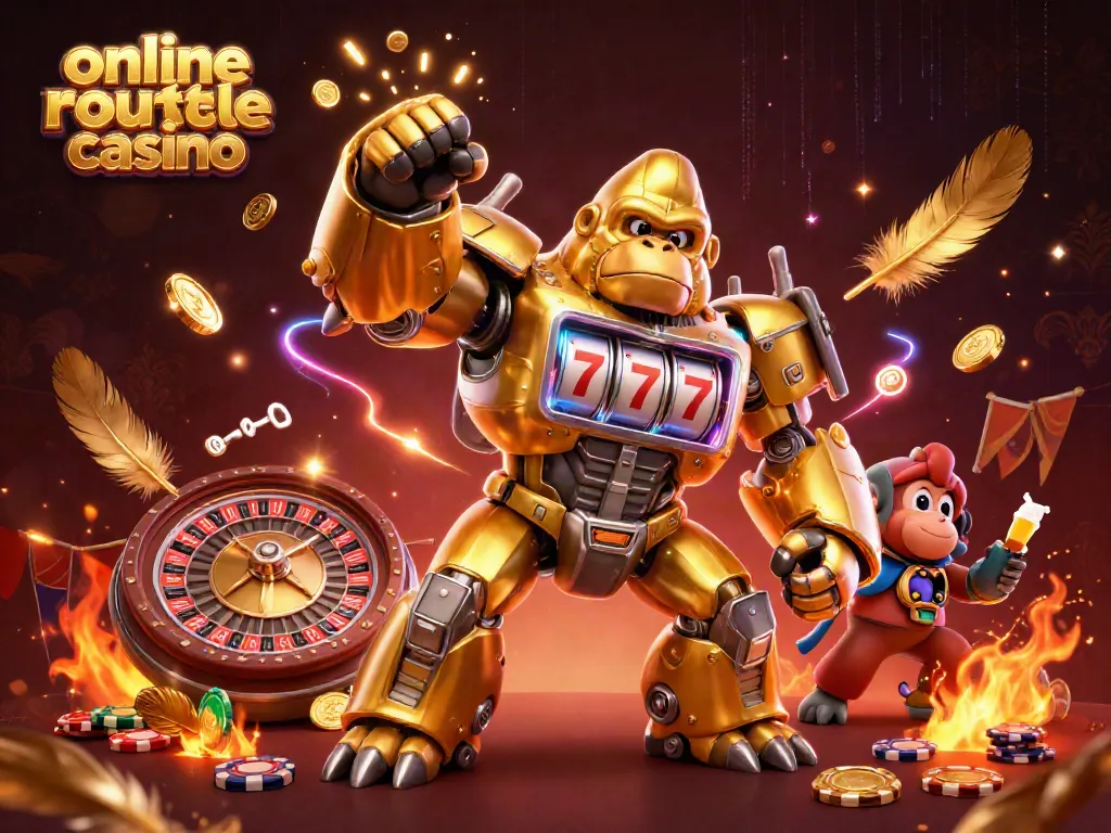 Experience the thrill of the online roulette casino with an action-packed illustration of a golden gorilla mech.