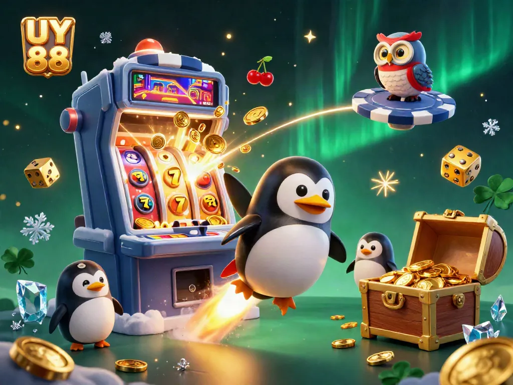 Experience thrilling adventures at UY 88 with the golden penguin zooming through a vibrant casino universe.