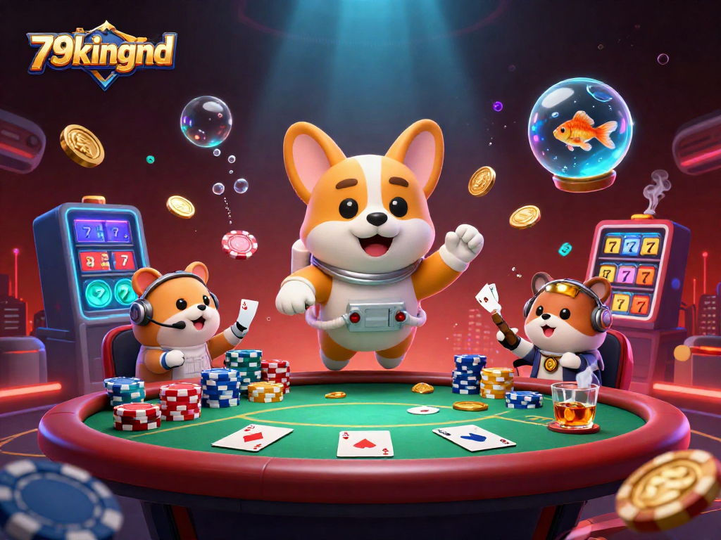 79kingnd showcases a dynamic casino scene with a floating astronaut corgi surrounded by poker elements.