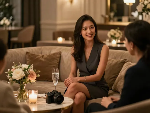 Elegant hostess in a lounge, representing נערות ליווי ברמת גן services in a welcoming atmosphere.