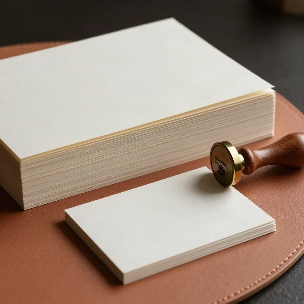 Prove brand in carta avorio, due biglietti e timbro opaco su fondo terracotta.