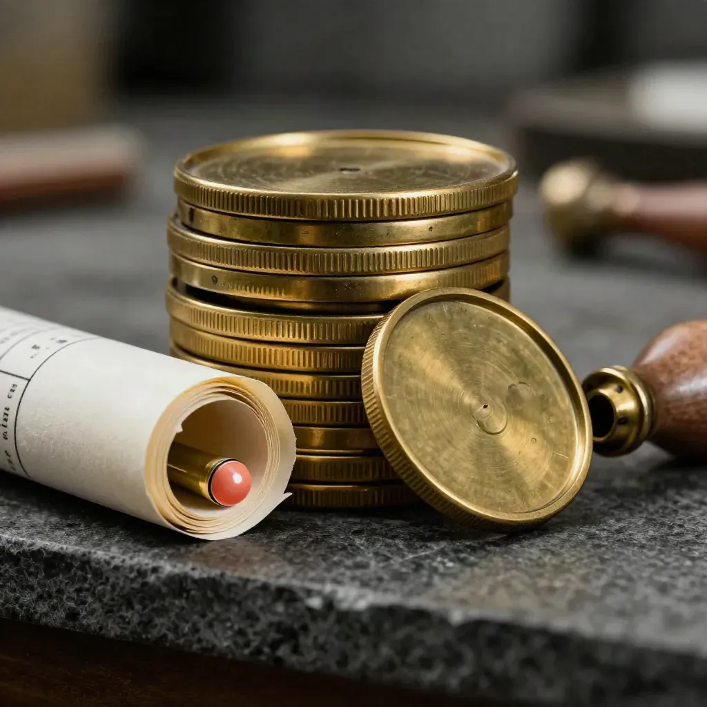 Dischi di budget in ottone con brief arrotolato su pietra scura, luce morbida e bokeh caldo