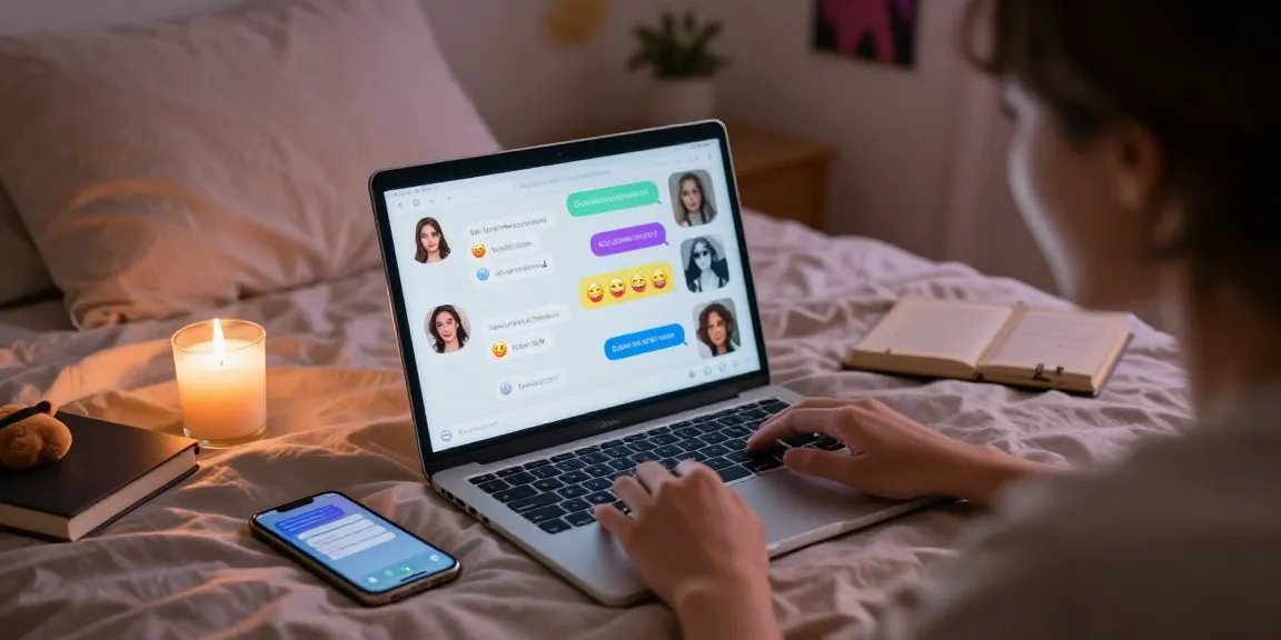 Engaging in sex chat ai inside a cozy bedroom, featuring a laptop, chat bubbles, and a warm atmosphere.