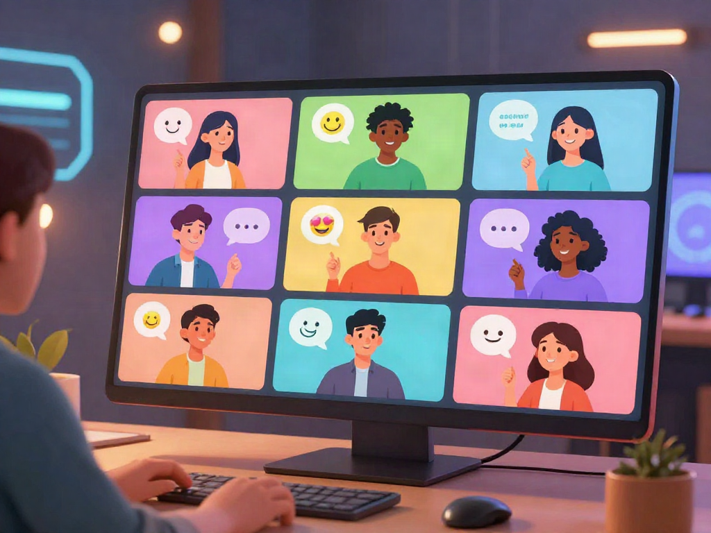 Dynamic free ai sex chat scene with animated characters engaging in friendly conversations through colorful chat bubbles.