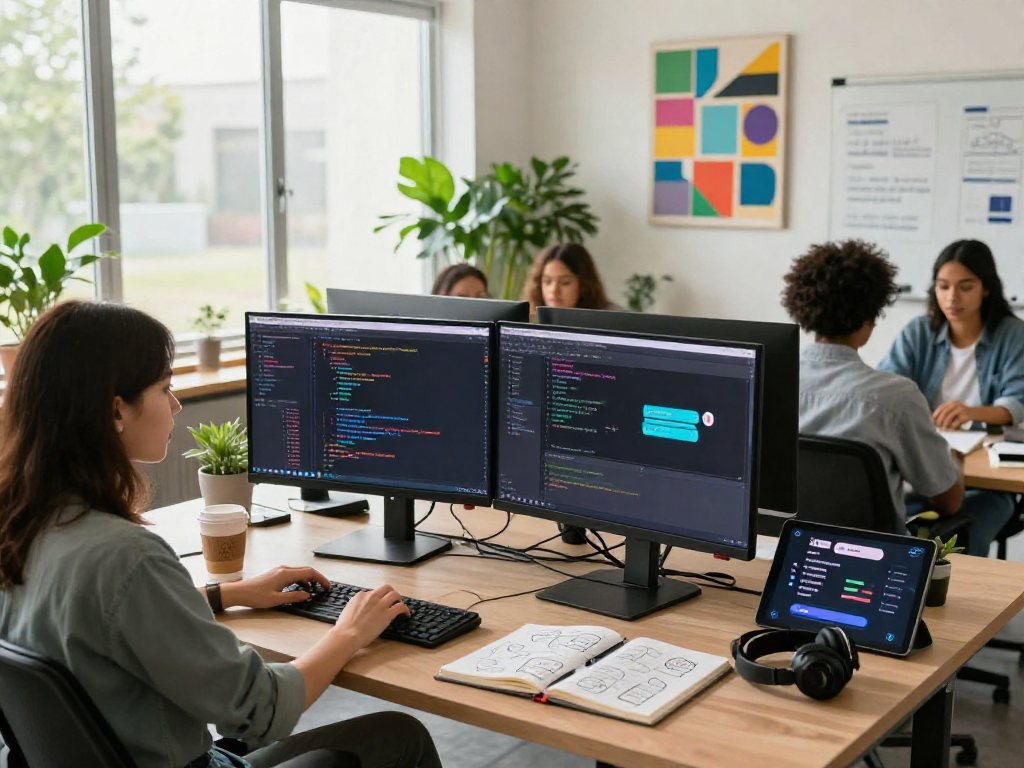A diverse team of developers collaborating on innovative spicy AI chat solutions in a modern tech workspace.