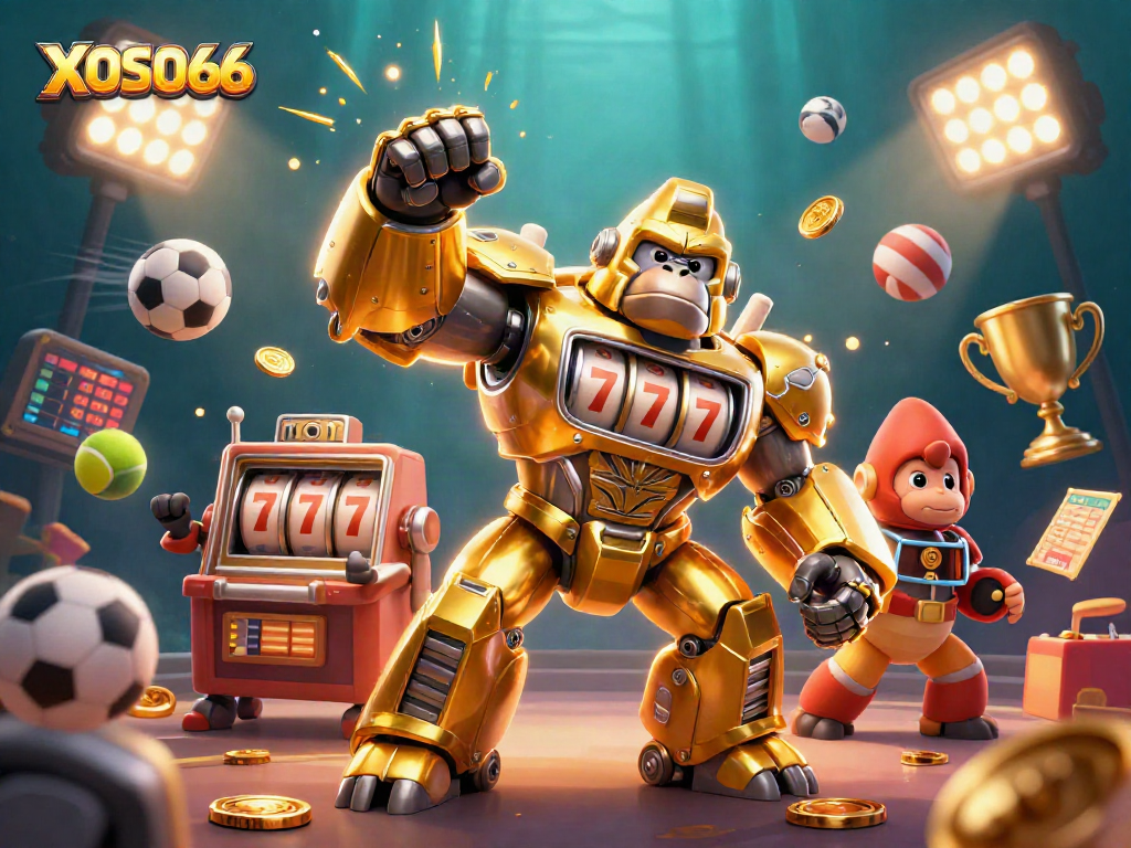 XOSO66 showcases a vibrant 3D casino scene with a golden gorilla mech and sports elements.